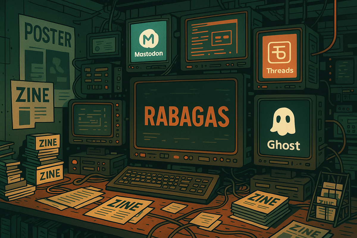 A vintage terminal window opening into a glowing, abstract galaxy of fediverse nodes, cables, and zine pages — symbolizing RABAGAS connecting to the social web.